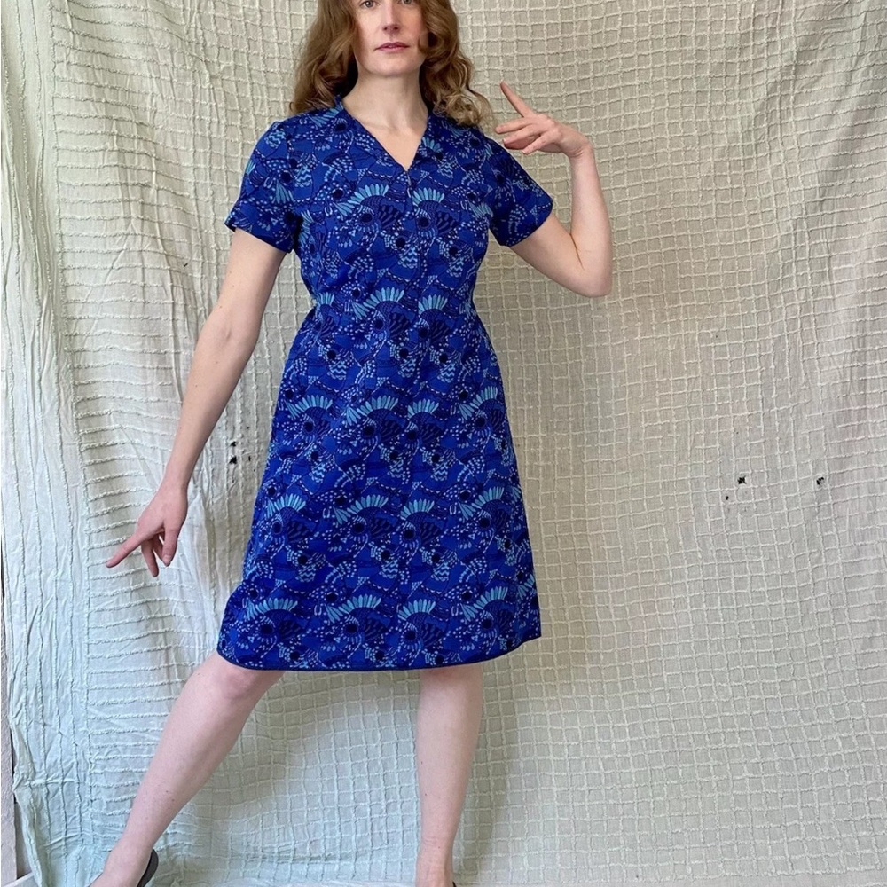 Vtg 60s Blue Teal Psychedelic Daisy Floral Zipper Front Shift Dress City Scene L